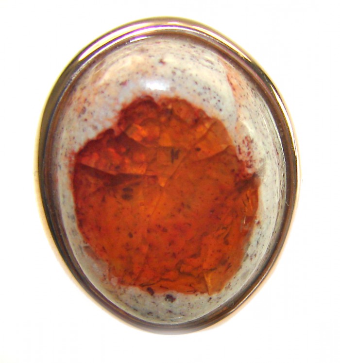 Orange Galaxy best quality 19.4 carat Mexican Opal 18K Gold over .925 Sterling Silver handmade ring 6 - Close-up of Orange Galaxy Mexican Opal ring in 18K gold setting.