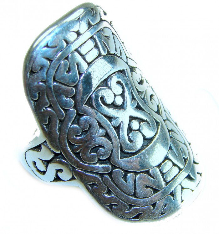Large and Solid Bali made .925 Sterling Silver ring size 9 - Side view of intricate Bali .925 sterling silver ring, size 9.