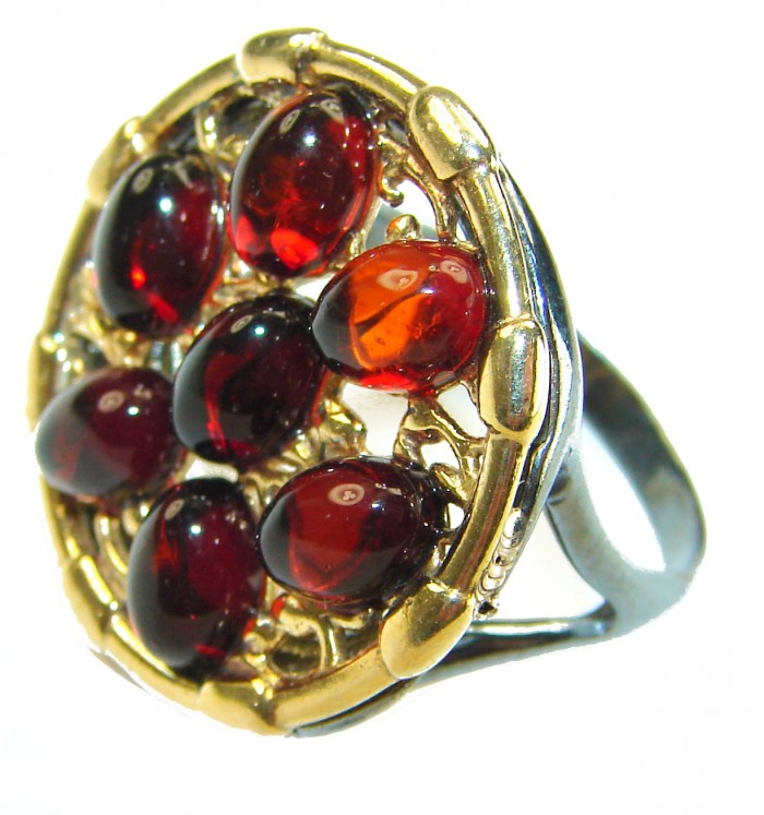 Beauty of the Nature Baltic Amber 2 tones .925 Sterling Silver handcrafted ring; s. 8 1/4 - Close-up of "Beauty of the Nature" ring with amber stones and gold accents