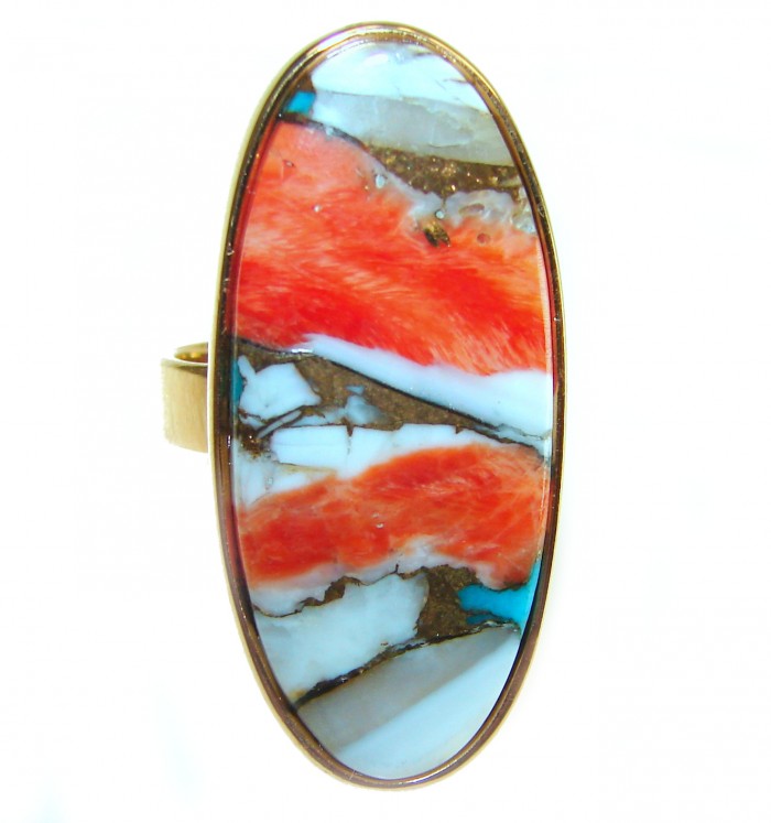 Rare 29.5 carat Oyster Turquoise 18K Gold over .925 Sterling Silver handcrafted Large ring; s. 6 adjustable - Oval oyster turquoise ring, stone close-up, 18K gold over sterling silver
