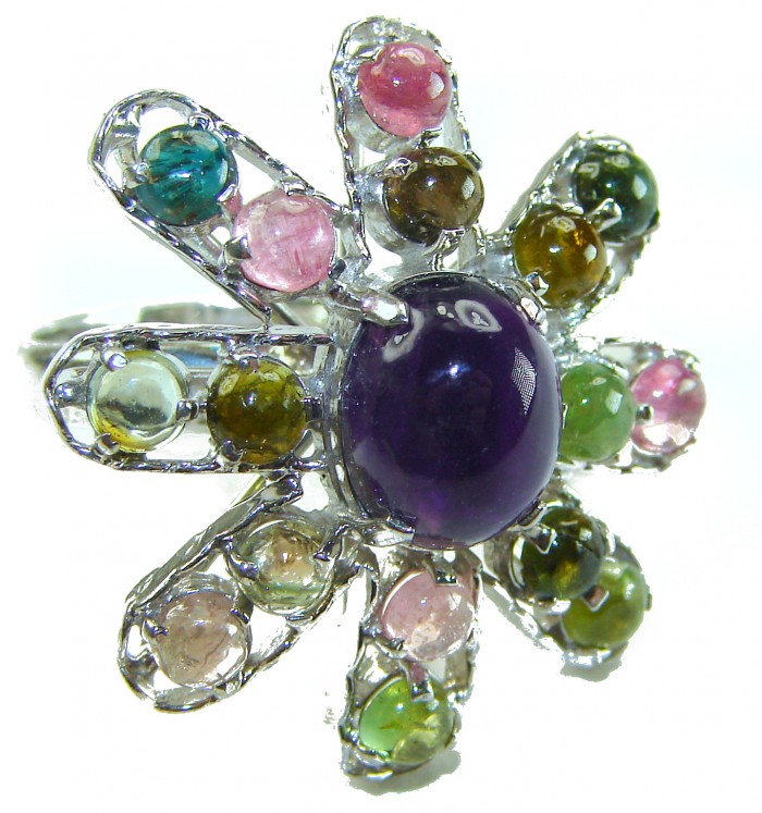 Serenity authentic 15.5 carat Tourmaline Amethyst .925 Sterling Silver handcrafted Ring s. 8 - Close-up of flower-shaped ring with colorful stones and silver setting.