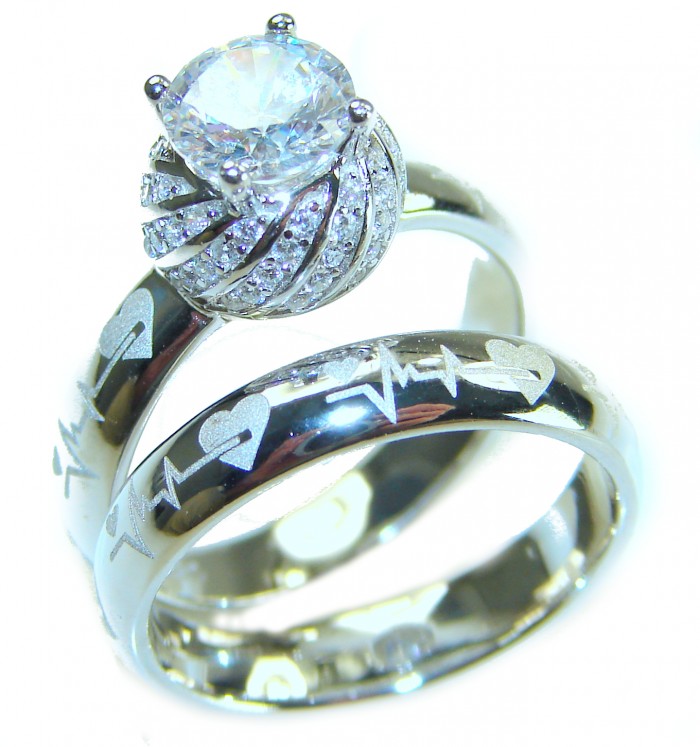 Spectacular 5.9 carat White Topaz Emerald .925 Sterling Silver stack up ring size 7 1/2 - Top view of sterling silver rings with heartbeat and heart design.