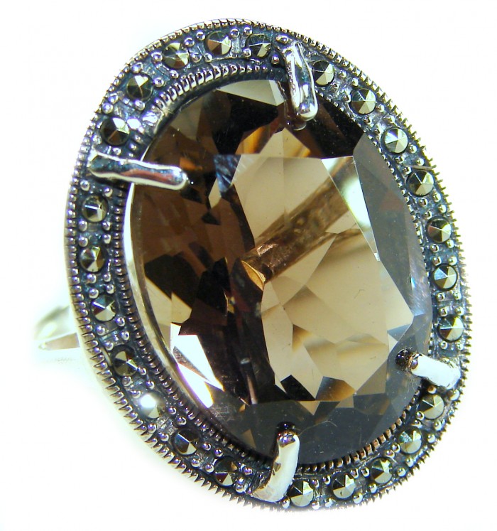 Odyssey 20.5 carat Genuine Smoky Topaz .925 Sterling Silver Handcrafted Ring size 7 - Close-up of smoky topaz and marcasite sterling silver ring.