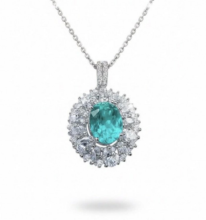 Wonderland 6.8 carat Paraiba Tourmaline .925 Sterling Silver Handcrafted Statement necklace - Paraiba Tourmaline pendant front view, sterling silver setting.