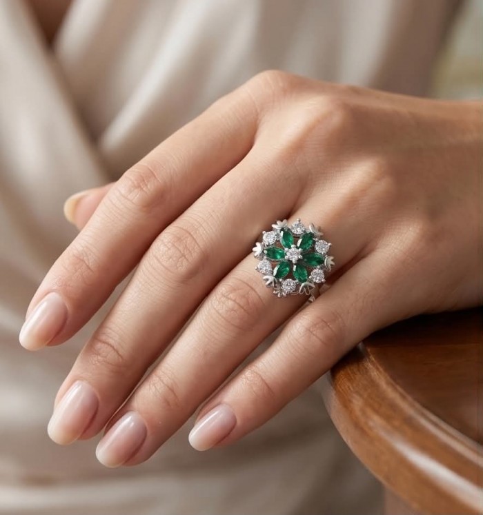Real 3.2 carat Emerald Italy Made Silver Sterling Silver spinning ring s. 7 1/2 - Emerald ring worn on hand, silver sterling, 3.2 carat, Italy made