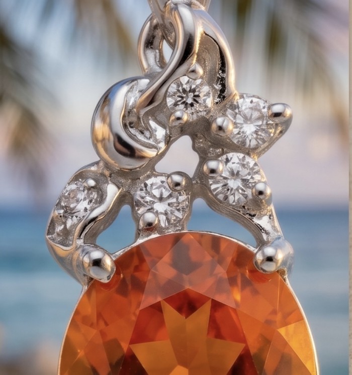 Vibrant 8.4 carat Spessartine Garnet rhodium over .925 Sterling Silver handcrafted pendant - Close-up of vibrant Spessartine Garnet pendant with rhodium accents