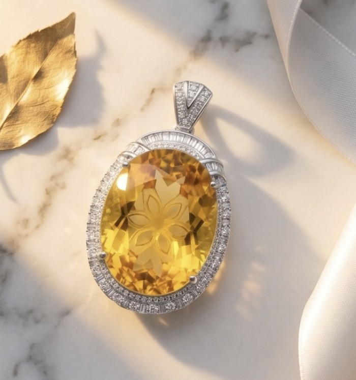 Angel's Wish Luxurious 36.7 carat yellow Sapphire .925 Sterling Silver handcrafted pendant - Close-up of Angel's Wish pendant with 36.7 carat yellow sapphire.