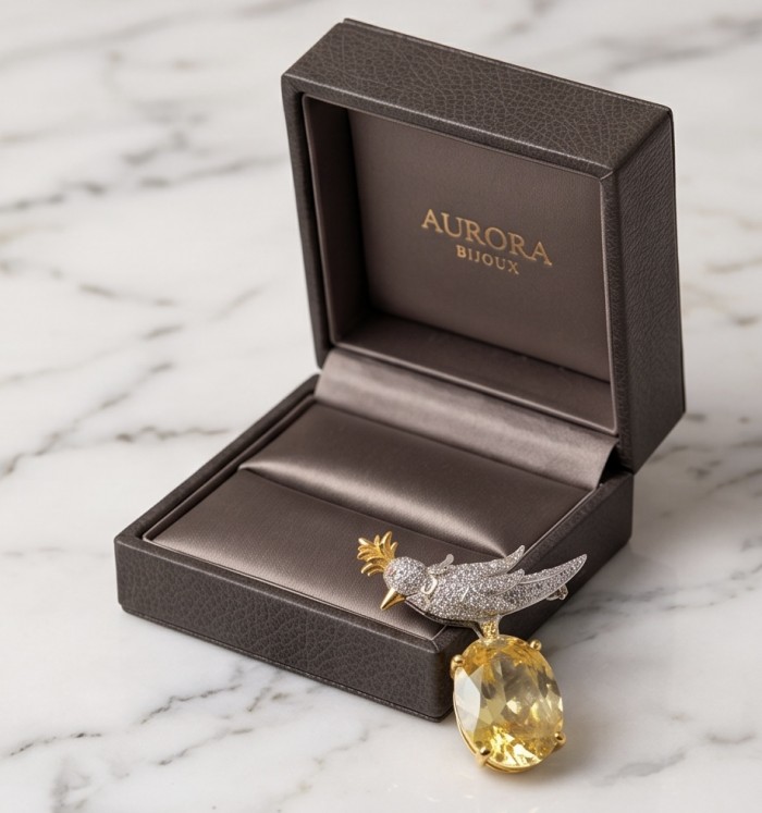 Bird on a Rock - Iconic design- Genuine 28.5 carat yellow Sapphire 18K Gold over .925 Sterling Silver handmade Pendant - Brooch - Bird on a Rock brooch with yellow stone, angled in open box.