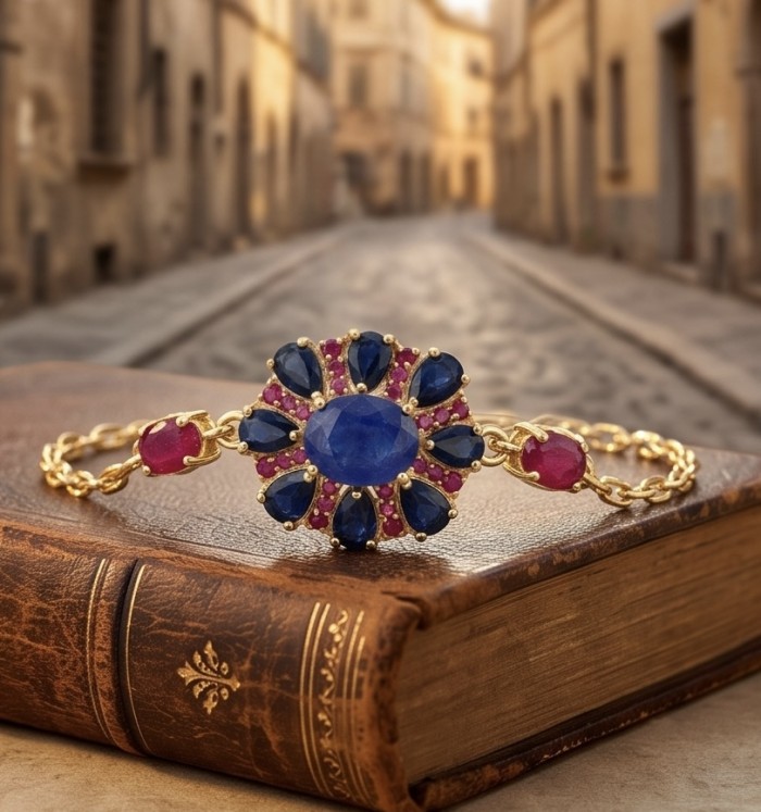 Giovanna 11.4 carat natural Sapphire 18K Gold over .925 Sterling Silver dipped in rhodium Statement bracelet - Giovanna sapphire bracelet on book, showcasing stones and gold chain