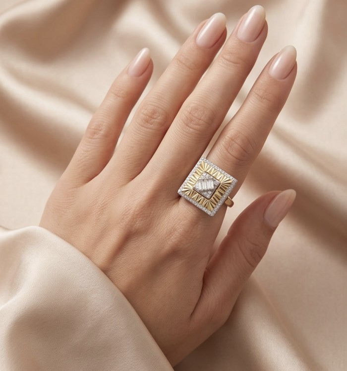 Art Deco 2.2 carat White Topaz 14K Gold over .925 Silver handcrafted Cocktail Ring s. 8 - Art Deco ring with white topaz, gold over silver, worn on hand.