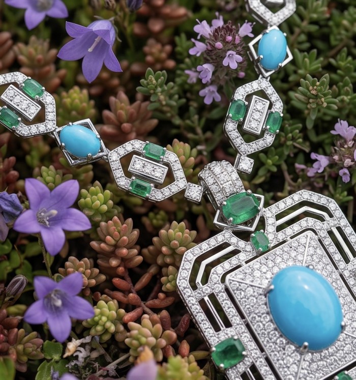 Art Deco - Pacifica - 178.4 carat Turquoise Emerald .925 Sterling Silver handmade Statement necklace; 24 inches long - Close-up of Art Deco turquoise and emerald necklace on flowers.