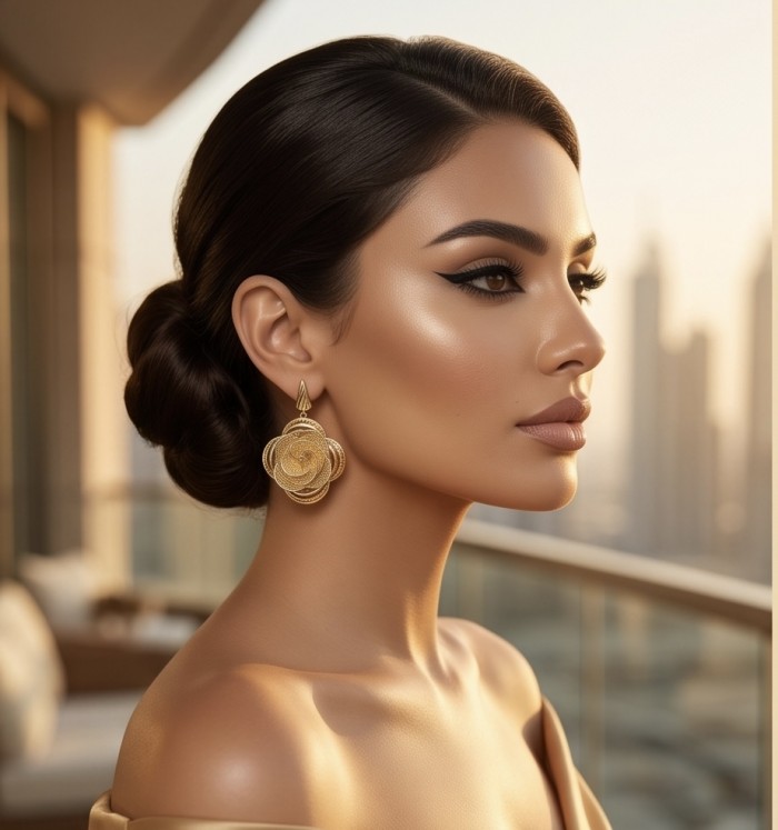 Dubai Style - .925 Sterling Silver dipped in 22K Gold handmade Earrings - Side view showing Dubai Style gold earrings worn.