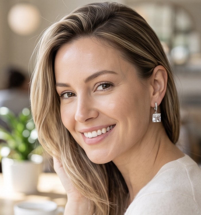 Angelina asscher cut 14.9 carat authentic White Topaz .925 Sterling Silver Handcrafted Earrings - Woman wearing Angelina asscher cut White Topaz earrings, side view.