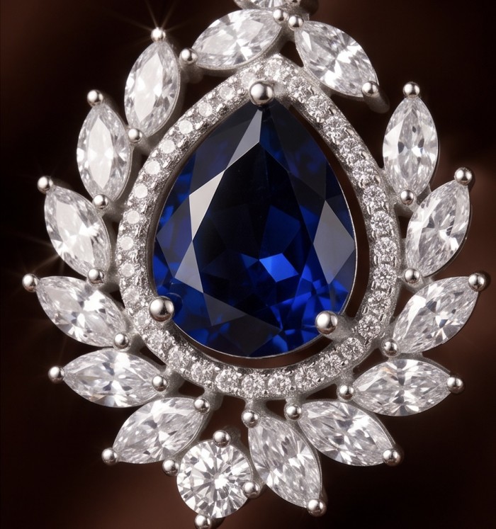 Vintage style - Giovanna - Authentic pear cut 8.9 carat Sapphire .925 Sterling Silver handcrafted earrings - Close-up of vintage-style pear cut sapphire and diamond necklace