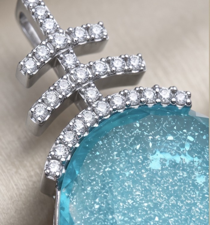 Angelina 14.9 carat authentic Aquamarine .925 Sterling Silver Handcrafted pendant - Close-up of aquamarine pendant with diamond accents on sterling silver.