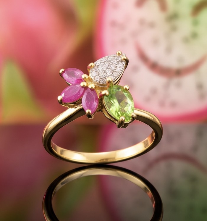 Juicy Gems 5.8 carat Multigem 18K Gold over .925 Sterling Silver Handcrafted Ring size 9 - Side view of Juicy Gems multigem ring with 18K gold over sterling silver.