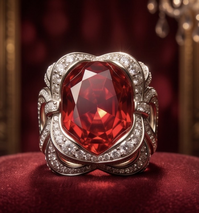 Royal Red 25.7 ctw oval cut Mozambique Ruby .925 Sterling Silver handcrafted Statement Ring size 7 3/4 - Close-up of Royal Red 25.7 ctw oval cut Mozambique Ruby in ornate setting