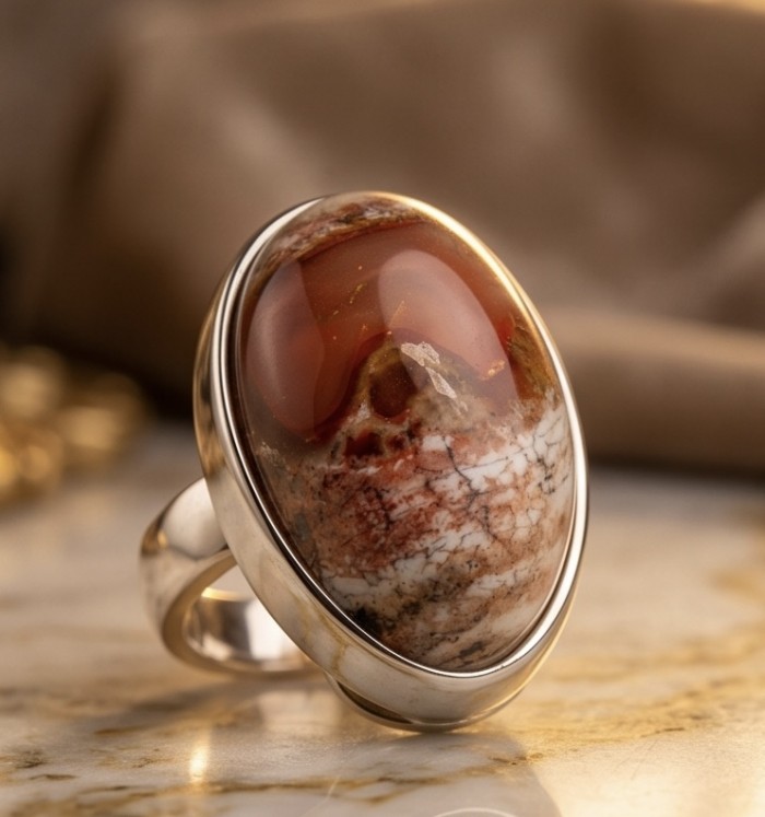 Bonfire Night best quality 22.5 carat Mexican Opal rhodium over .925 Sterling Silver handmade ring 8 - Mexican Opal ring side view on marble surface
