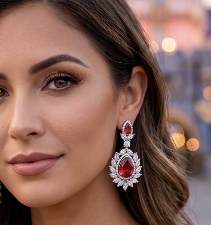Bella Rossa - Magnificent Jewel 15.5 carat Mozambique Ruby .925 Sterling Silver dippedin Rhodium handcrafted earrings - Close-up of Bella Rossa earrings with 15.5 carat Mozambique Ruby