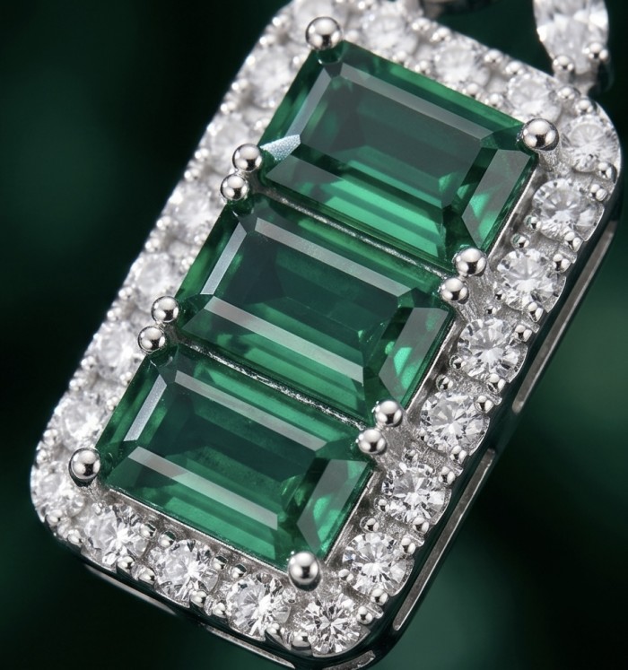 Art Deco Spectaculat 4.5 carat Colombian Emerald .925 Sterling Silver handcrafted earrings - Close-up of Art Deco Colombian emerald pendant with diamond accents.