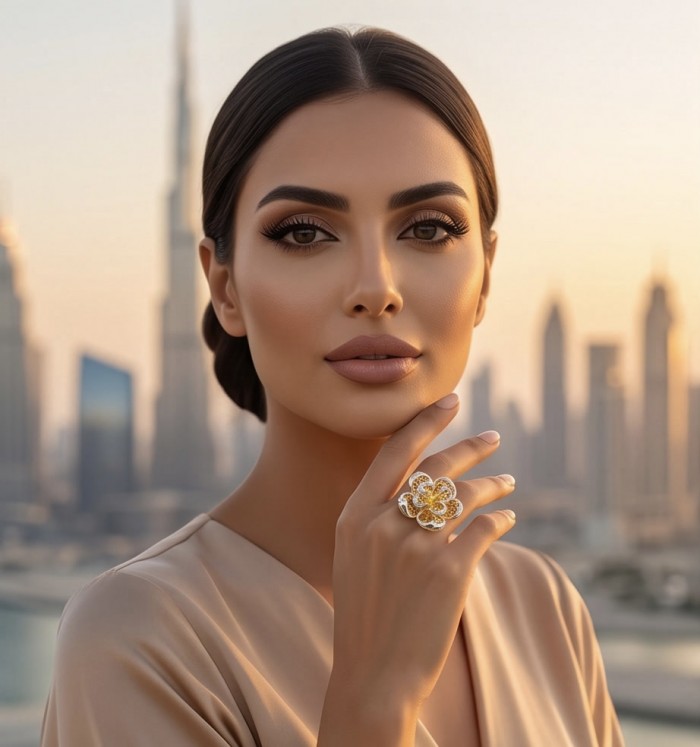 GOLDEN ROSE - Dubai Style - .925 Sterling Silver dipped in 22K Gold handmade Large ring size 6 1/4 - Woman wearing GOLDEN ROSE ring, Dubai skyline backdrop at sunset.