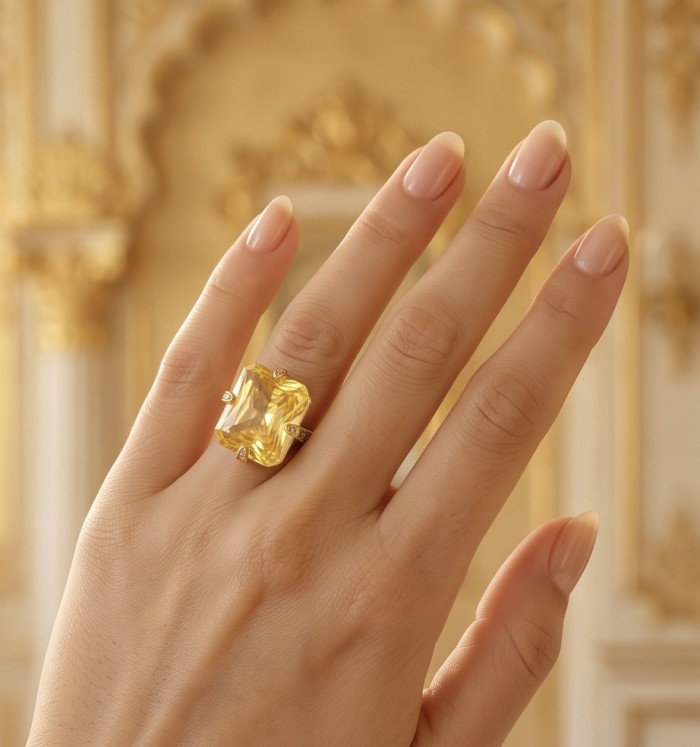 Solid 24.8 carat Genuine Yellow Sapphire 2 tones .925 Sterling Silver handcrafted ring size 8 adjustable - Yellow sapphire ring worn on hand, showcasing stone and setting.