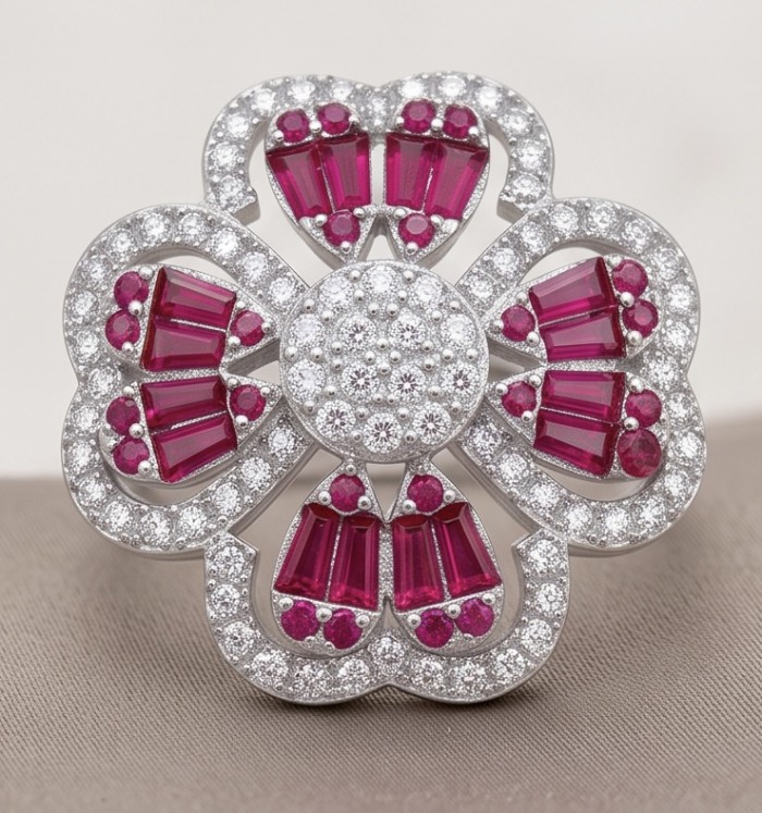 Izabella Luxurious natural 6.8 carat Ruby rhodium over .925 Sterling Silver handmade incredible ring s. 6 - Ruby flower ring front view with diamonds and rhodium over .925.