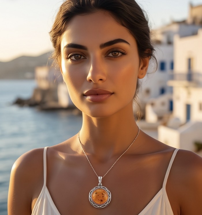 Prehistoric Authentic Baltic Amber .925 Sterling Silver beautifully handcrafted Pendant - Close-up of woman wearing Baltic amber pendant on a necklace.