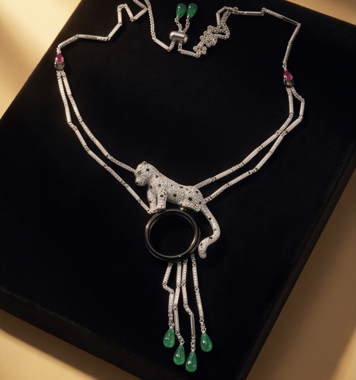 Cheetah Emerald black Enamel .925 Sterling Silver .925 Sterling Silver handcrafted Statement Necklace; 24 inches long - Cheetah pendant necklace with emeralds, top-down view on display.