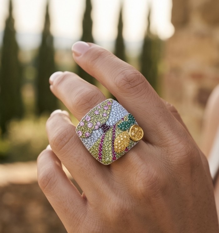 Timless Journey - LARGE Authentic 8.8 carat pave Multigem .925 Sterling Silver brilliantly dipped in rhodium 2 TONES handcrafted Statement ring; s. 7 - LARGE 8.8 carat pave Multigem ring worn on hand in scenic setting