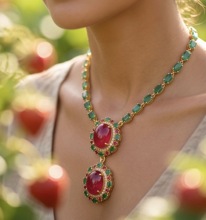 RARE BEAUTY! Valentina 88.2 carat Mozambique Ruby 22K Gold .925 Sterling Silver Statement Necklace - Close-up of Valentina 88.2 carat Mozambique Ruby necklace worn.