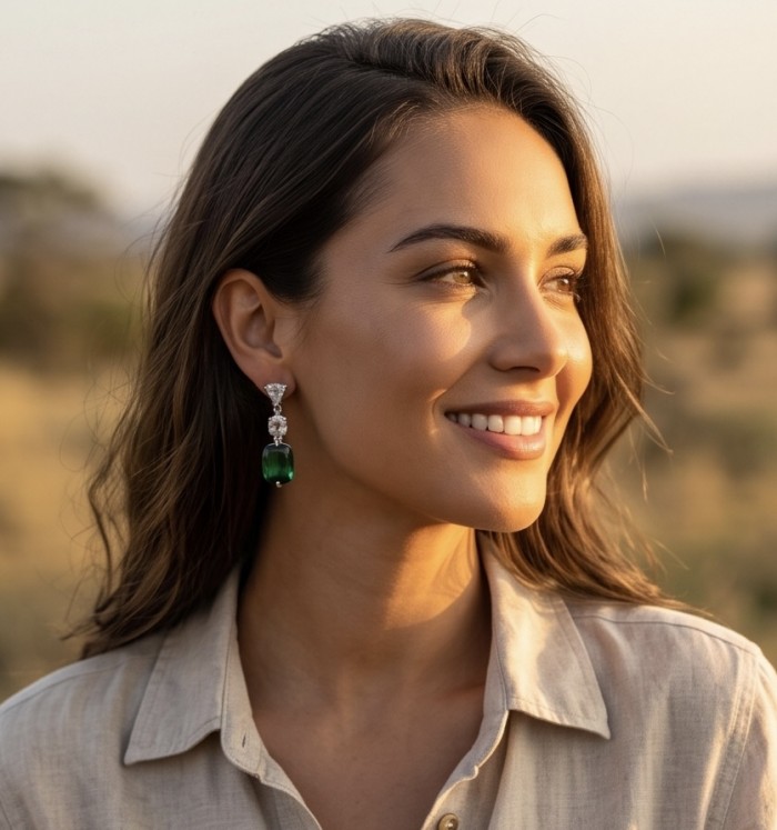 Giovanna- Authentic 8.5 CARAT natural Colombian Emerald .925 Sterling Silver handcrafted Statement earrings - Worn on ear, side profile showing emerald earring in natural light.