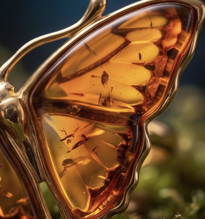 Butterfly Authentic Baltic Amber .925 Sterling Silver dipped in 18K Gold handcrafted ring; s. 6 adjustable - Close-up of butterfly Baltic amber jewelry with sterling silver frame.