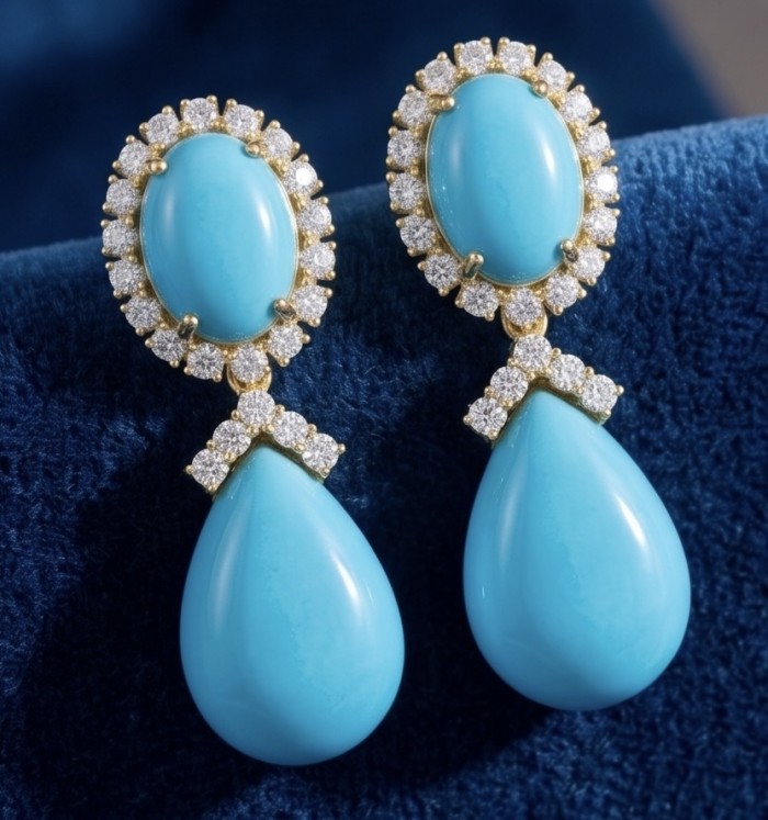 Blue Dreamland - Luxurious stabilized Turquoise 18K Gold over .925 Sterling Silver handmade Statement earrings - Turquoise earrings with diamonds, close-up on blue velvet background.