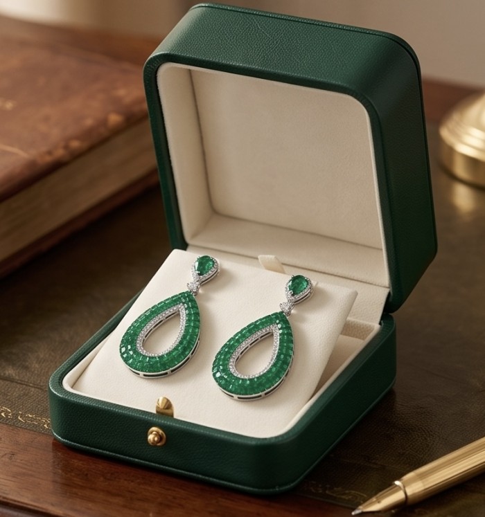 Ofelia - Authentic 5.5 CARAT natural pave Colombian Emerald .925 Sterling Silver handcrafted earrings - Emerald earrings in a green case on a wooden surface.