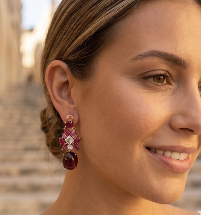 Extravaganza - 12.8 ctw Ruby 22K Rose Gold over .925 Sterling Silver handcrafted Statement handcrafted earrings - Side view of ruby earrings worn on ear, highlighting stone detail.