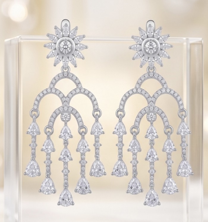 Classy Beauty Genuine 2.4 carat Moissanite .925 Sterling Silver handcrafted Earrings - Front view of Classy Beauty Moissanite chandelier earrings