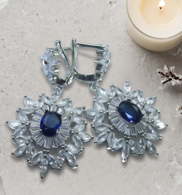 Giuseppina - Authentic 4.5 carat Sapphire rhodium over .925 Sterling Silver handcrafted Statement earrings - Close-up of Giuseppina sapphire earrings with intricate detailing.