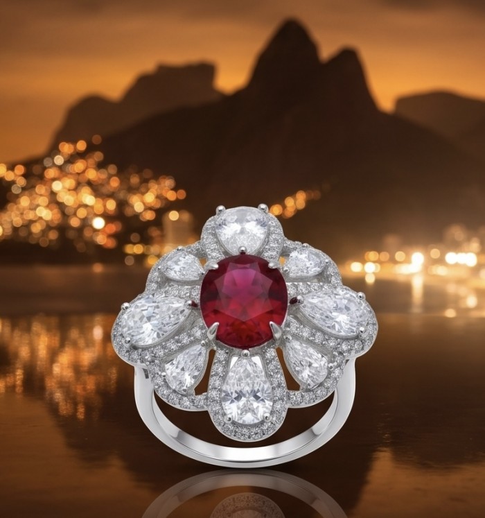 Exquisite 8.5 ctw Mozambique Ruby .925 Sterling Silver handcrafted Statement Ring size 7 - Close-up of Mozambique Ruby ring with diamonds against city lights.