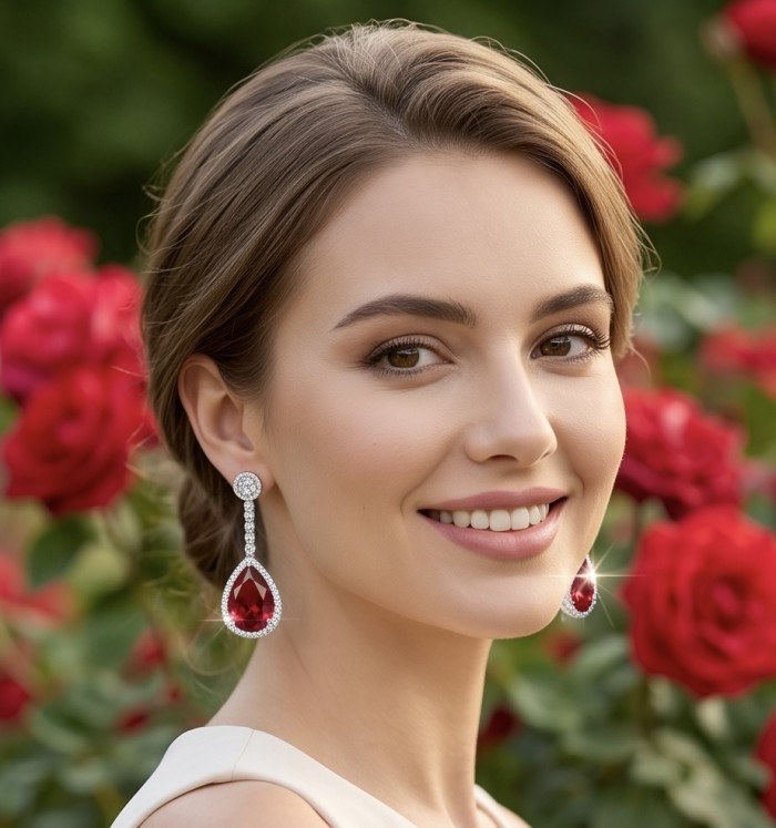 Incredible 11.5 carat Red Topaz rhodium over .925 Sterling Silver entirely handmade earrings - Woman wearing red topaz earrings, close-up, with a floral background.