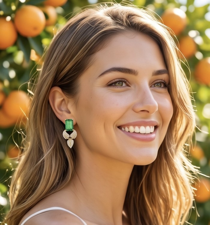 Luxurious 10.9 carat authentic Himalayan Peridot .925 Sterling Silver dipped in 14K Gold Handcrafted Statement Earrings - Woman wearing Himalayan Peridot earrings in an orange grove setting.