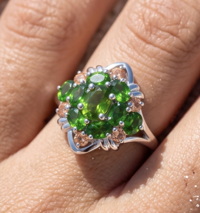 4.8 carat authentic Tsavorite Garnet .925 Sterling Silver handcrafted Statement Ring s. 7 1/2 - Close-up of Tsavorite Garnet ring worn on hand.
