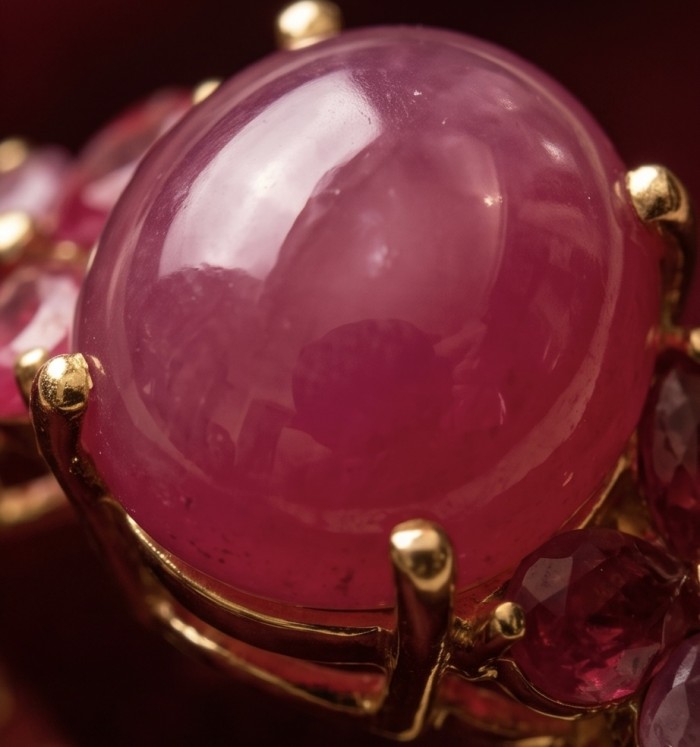 Carmen Natural 9.4 carat Kasmir Ruby .925 Sterling Silver dipped in 22K Gold handmade Statement Ring size 8 - Close-up of Carmen Natural 9.4 carat Kashmir Ruby in gold setting