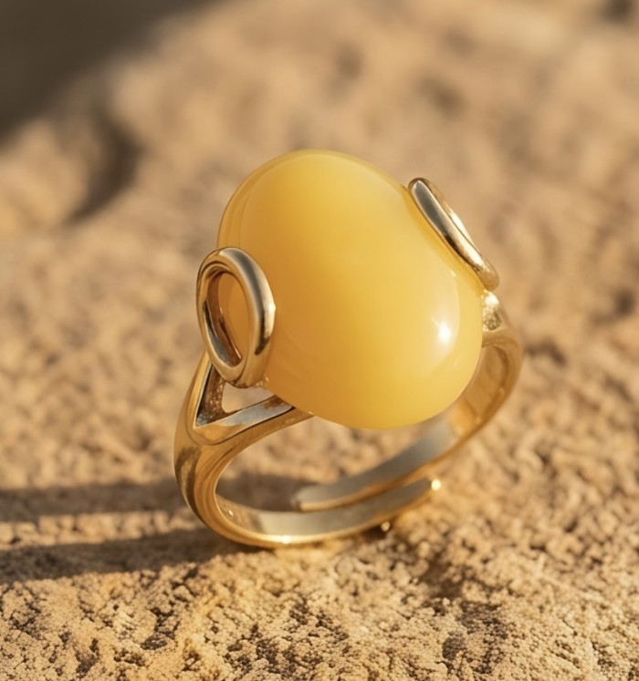 Vintage Style Authentic Golden Butterscotch Baltic Amber 18K Gold over .925 Sterling Silver entirely handcrafted ring; s. 6 - Close-up of vintage style golden butterscotch Baltic amber ring