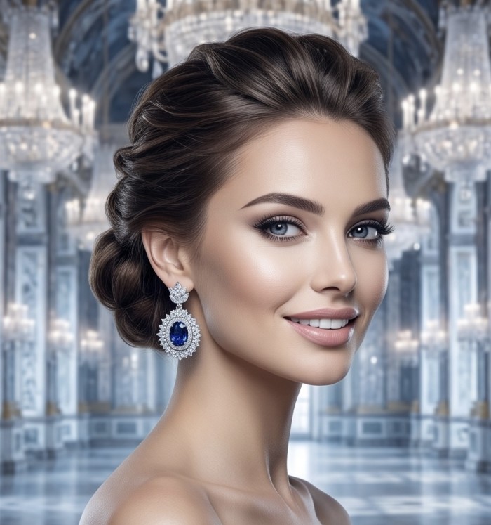 Giuseppina - Authentic 7.5 carat Sapphire 4.9 cartra Moissanite rhodium over .925 Sterling Silver handcrafted Statement earrings - Elegant woman wearing Giuseppina earrings, close-up showcasing sapphire details.