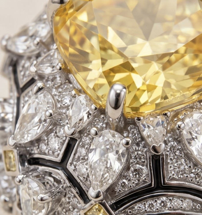 Luxurious asscher cut 18.5 carat Yellow Sapphire rhodium over .925 Sterling Silver handcrafted ring size 6 3/4 - Close-up of luxurious yellow sapphire and diamond jewelry setting