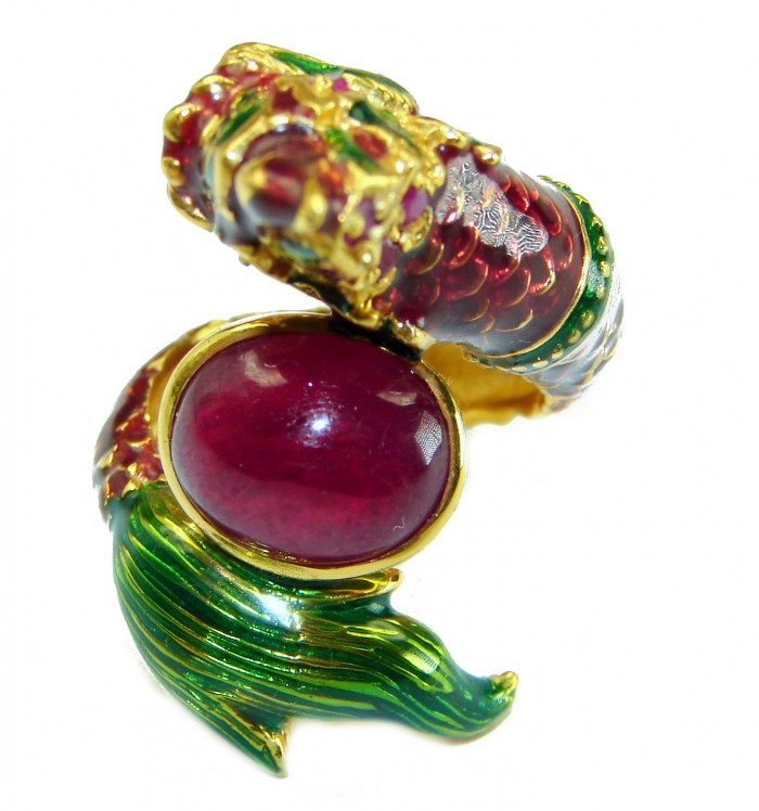 Dragon - symbolizes supernatural power- Enamel Ruby 18K Gold over .925 Sterling Silver Huge handcrafted Ring s. 8 - photo 2