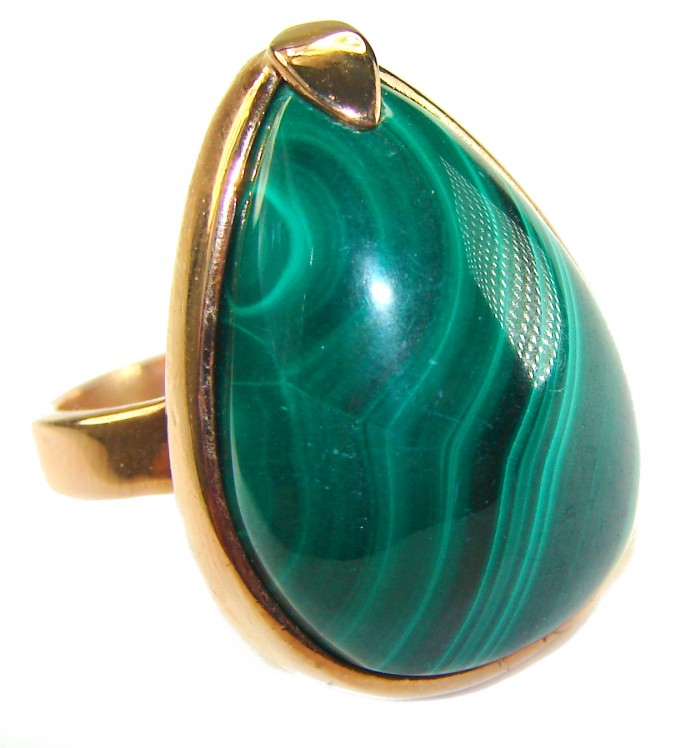 32.2 CARAT genuine Malachite 14K Rose Gold over .925 Sterling Silver handcrafted ring size 7 adjustable - Close-up of malachite and rose gold ring, teardrop shape stone.