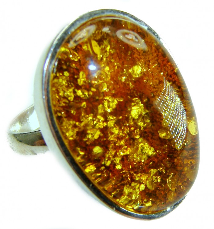 Beauty of the Nature Baltic Amber .925 Sterling Silver handcrafted ring; s. 7 adjustable - Close-up of Baltic Amber set in .925 sterling silver ring