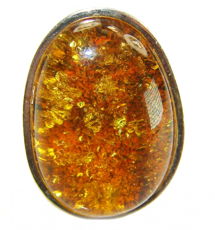 Beauty of the Nature Baltic Amber .925 Sterling Silver handcrafted ring; s. 7 adjustable - Close-up of Baltic Amber in .925 Sterling Silver setting.
